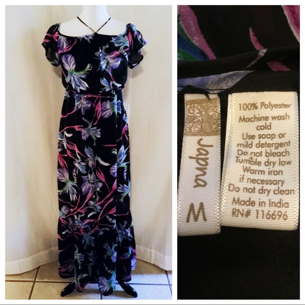 Japna Black Tropical Floral Maxi Dress, Feminine Cold-Shoulder & Ruffles 💙💜🖤 M